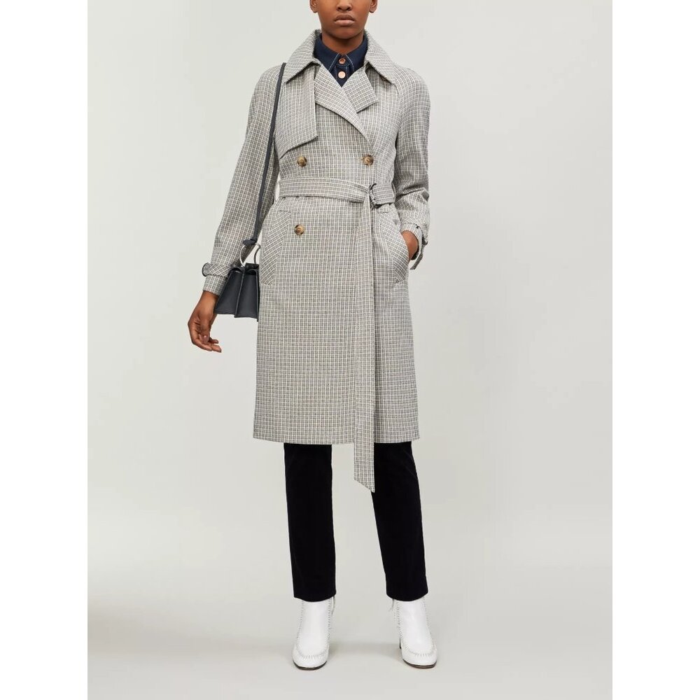 🆕TOPSHOP Angie Double Breasted Trench Coat Houndstooth Plaid Blue Gray - Picture 2 of 12